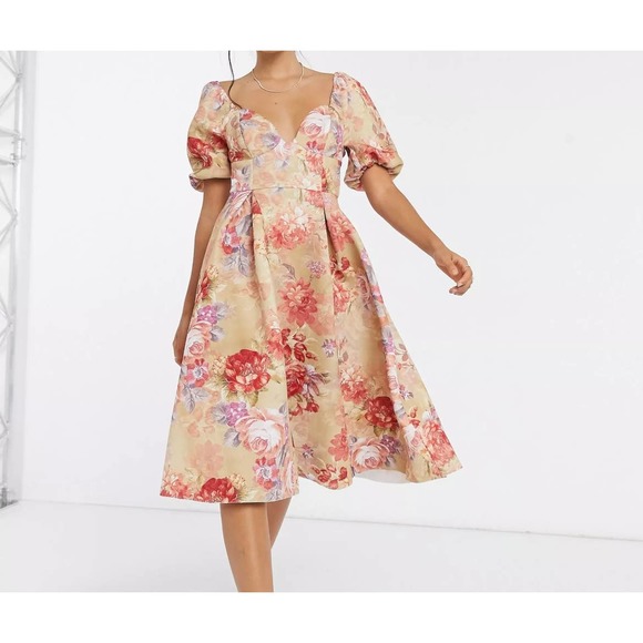 Asos | Garden Party Vintage Cup Prom Midi Floral Puff Sleeve Scuba Dress | 4 - Picture 13 of 14